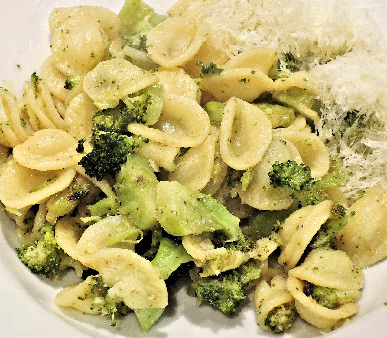 Orecchiette con cime di rapa servite in un piatto tradizionale italiano.