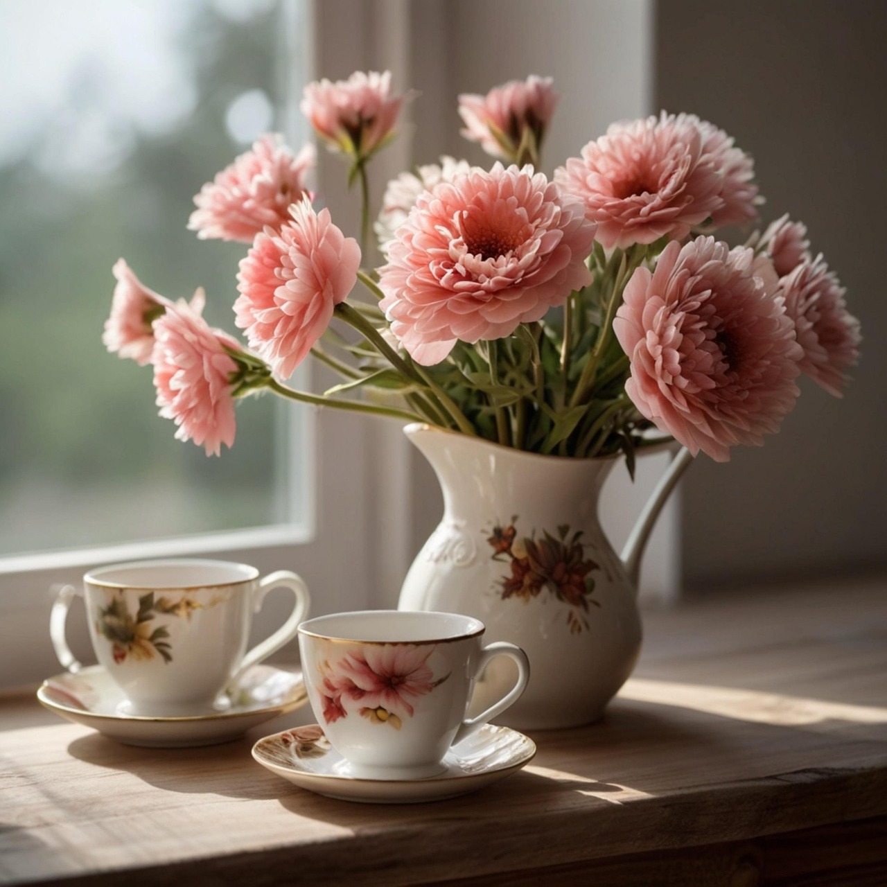 Immagine di una tazza di caffè con un messaggio di buongiorno e un paesaggio luminoso sullo sfondo.