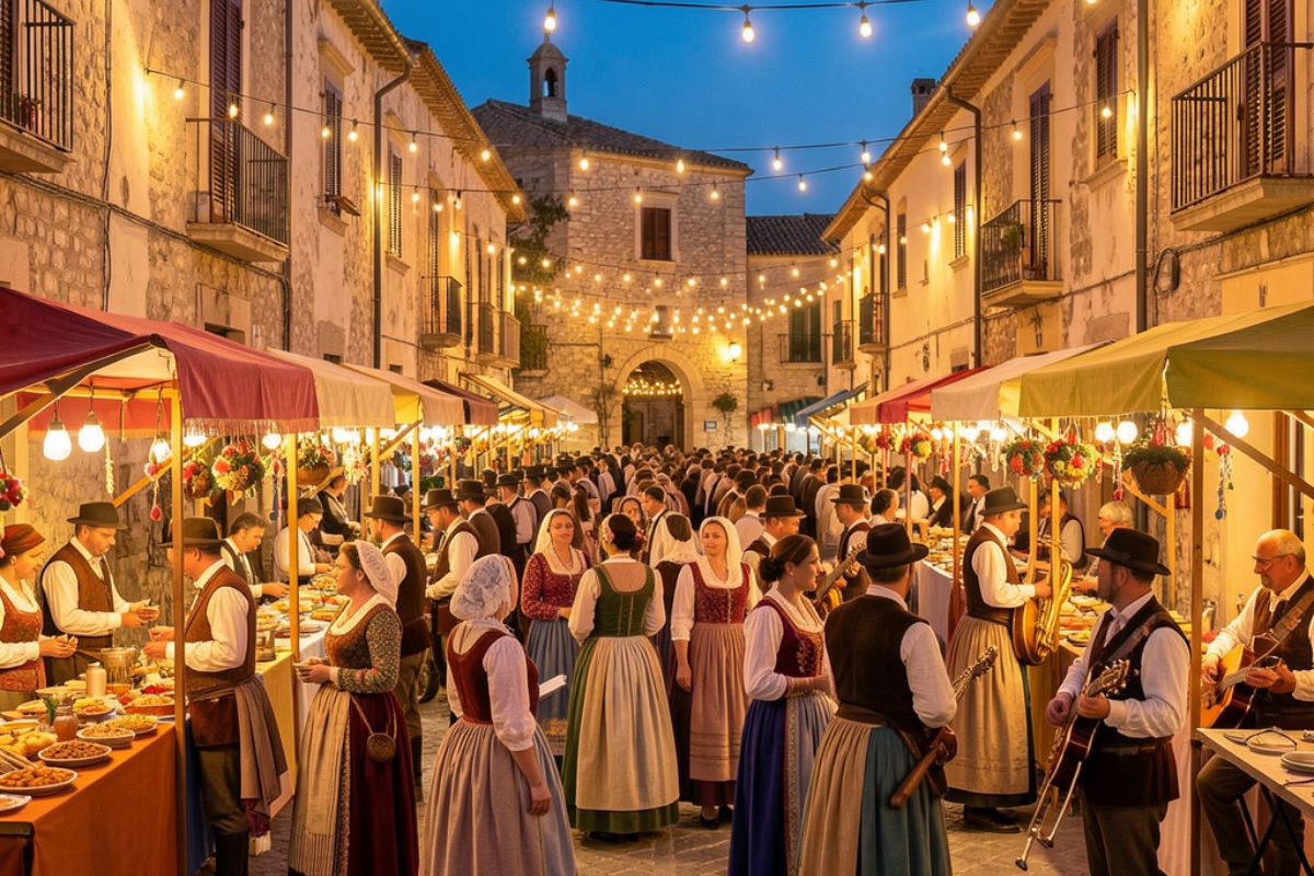 Vista panoramica del borgo famoso per la sua gastronomia, con ristoranti e piatti tipici in evidenza.