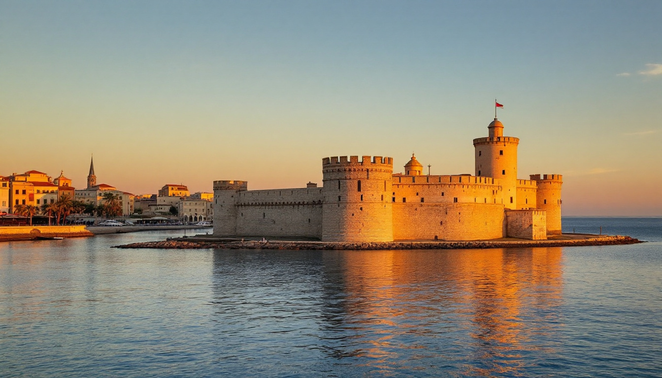 Il Castello Aragonese di Taranto visto dal lungomare al tramonto, con i torrioni cilindrici che si riflettono sul mare