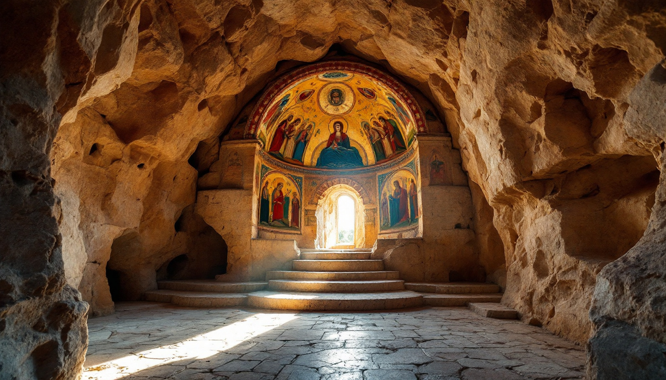 Interno di una chiesa rupestre di Mottola con affreschi medievali in stile bizantino sulle pareti di roccia calcarea, provincia di Taranto