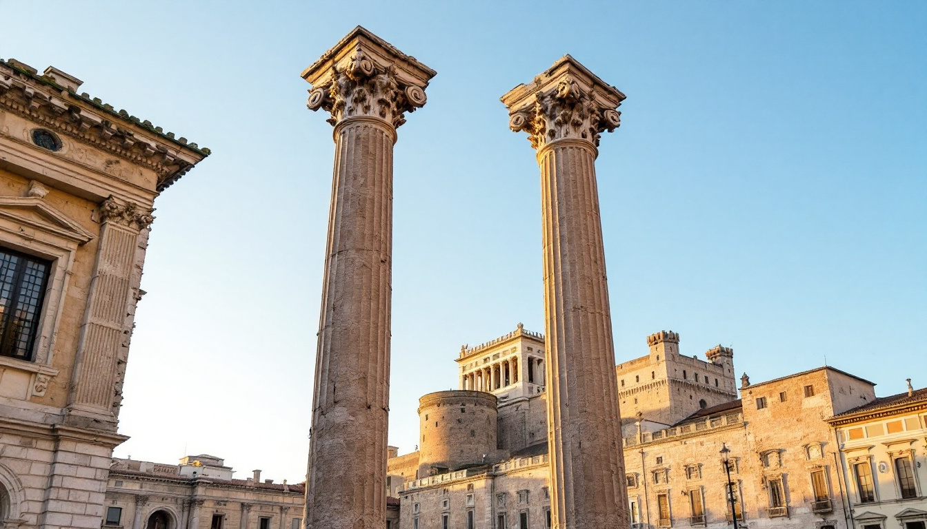 Le due colonne doriche del Tempio Dorico di Taranto in Piazza Castello, con il Castello Aragonese sullo sfondo, al tramonto